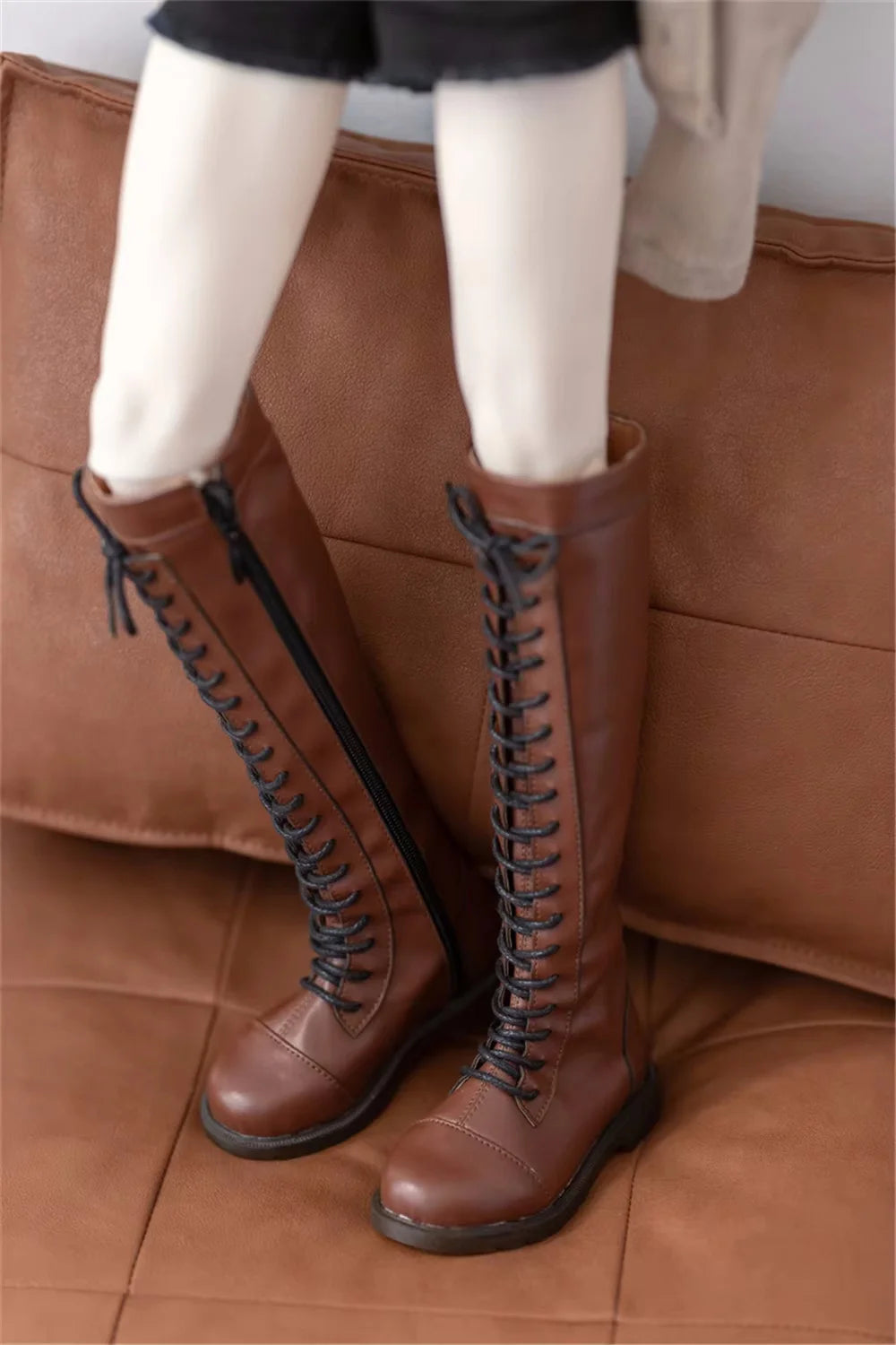 BJD Doll Shoes Brown Round Toe Mid-calf Toy 1/3 1/4 Boys Girls Lace-up Soft-soled Thigh-high Leather Boots Gift Doll Accessories