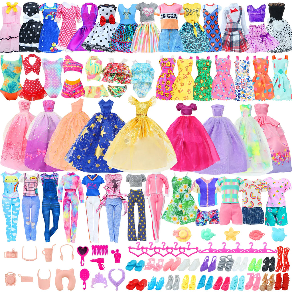 50 Pcs/Set Handmade Doll Clothes for 11.5'' Doll 2 Evening Gown Bikinis 3 Outfit 2 Mini Dress 10 Hangers 31 Accessories Kids Toy