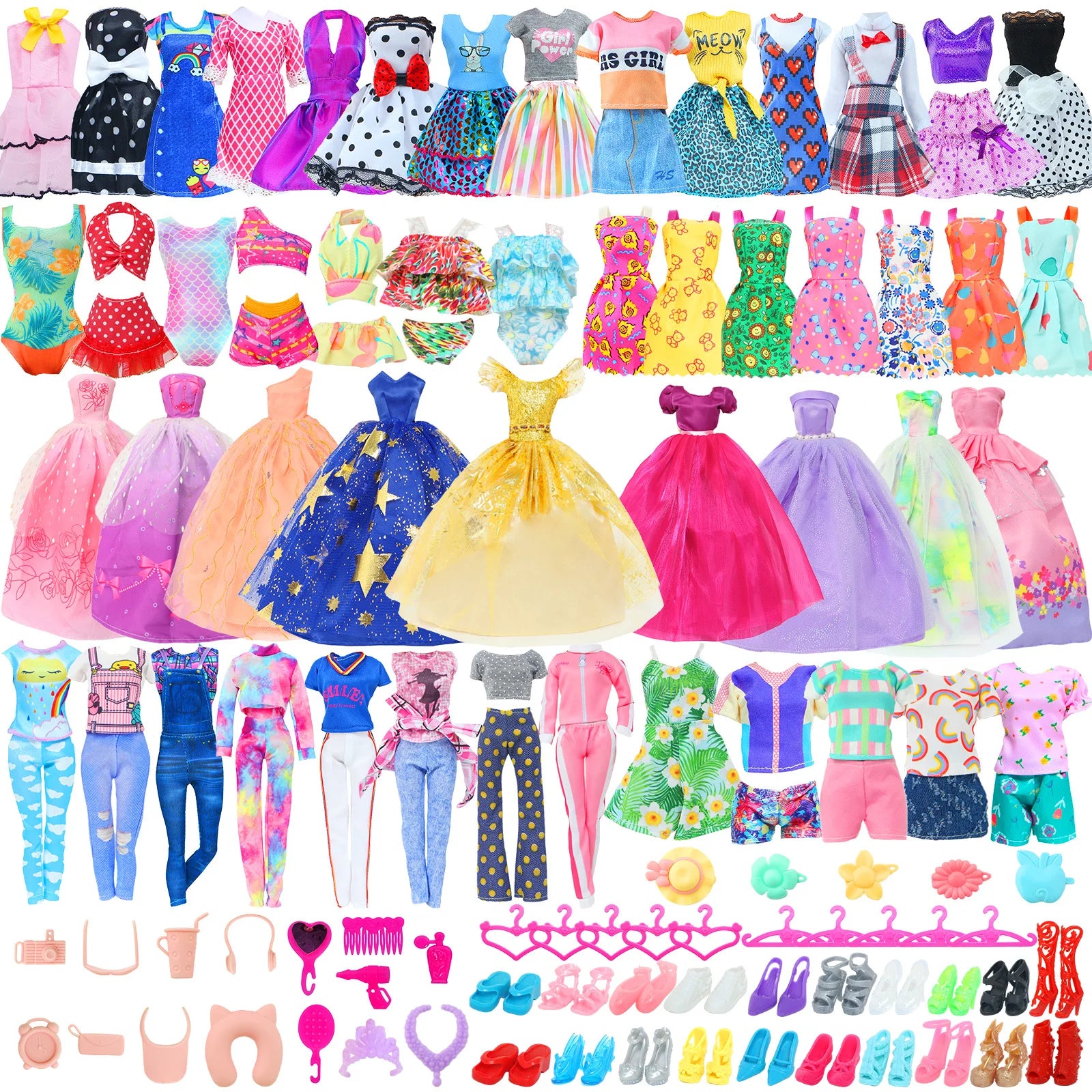 50 Pcs/Set Handmade Doll Clothes for 11.5'' Doll 2 Evening Gown Bikinis 3 Outfit 2 Mini Dress 10 Hangers 31 Accessories Kids Toy