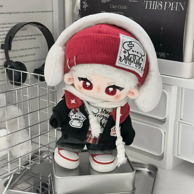 Only Clothes 20cm Doll Clothes Cool Guy Red Hat Hooded Vest Jacket Earphone Overcoat Suit Stuffed Plushies Plush Doll Toys Gifts