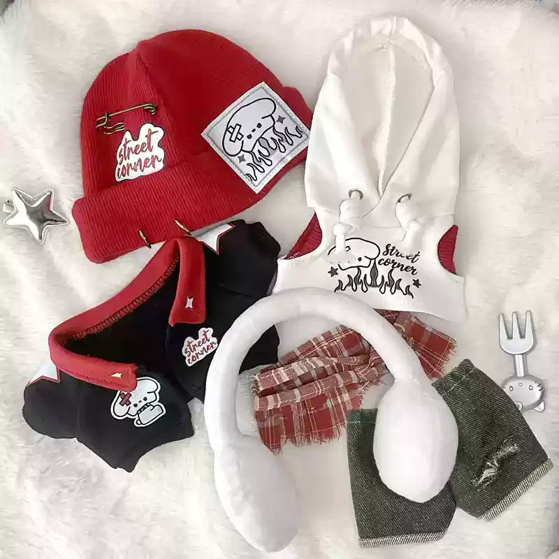 Only Clothes 20cm Doll Clothes Cool Guy Red Hat Hooded Vest Jacket Earphone Overcoat Suit Stuffed Plushies Plush Doll Toys Gifts