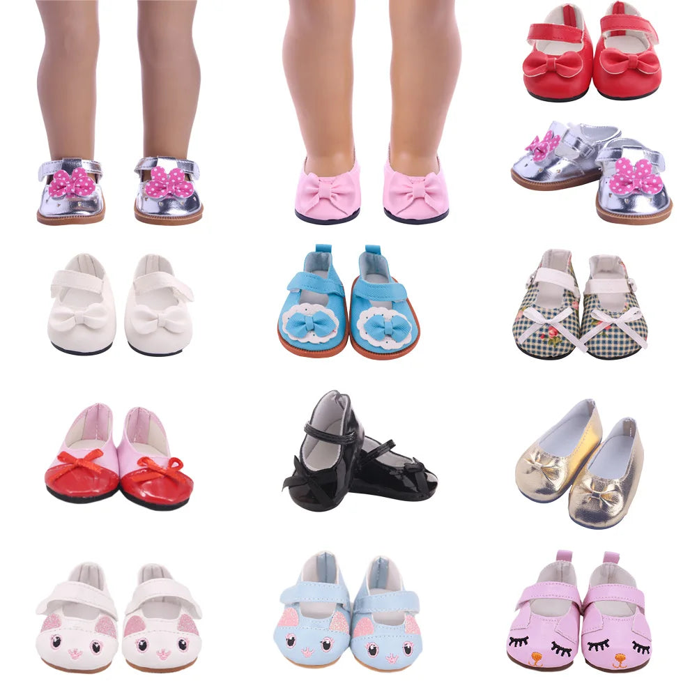 Doll Shoes Bow Tie Shoes Pop Leather Shoes Cute Cat Patterned Shoes For 18Inch American Doll&43CM Baby Doll Shoes,Girl Toys Gift