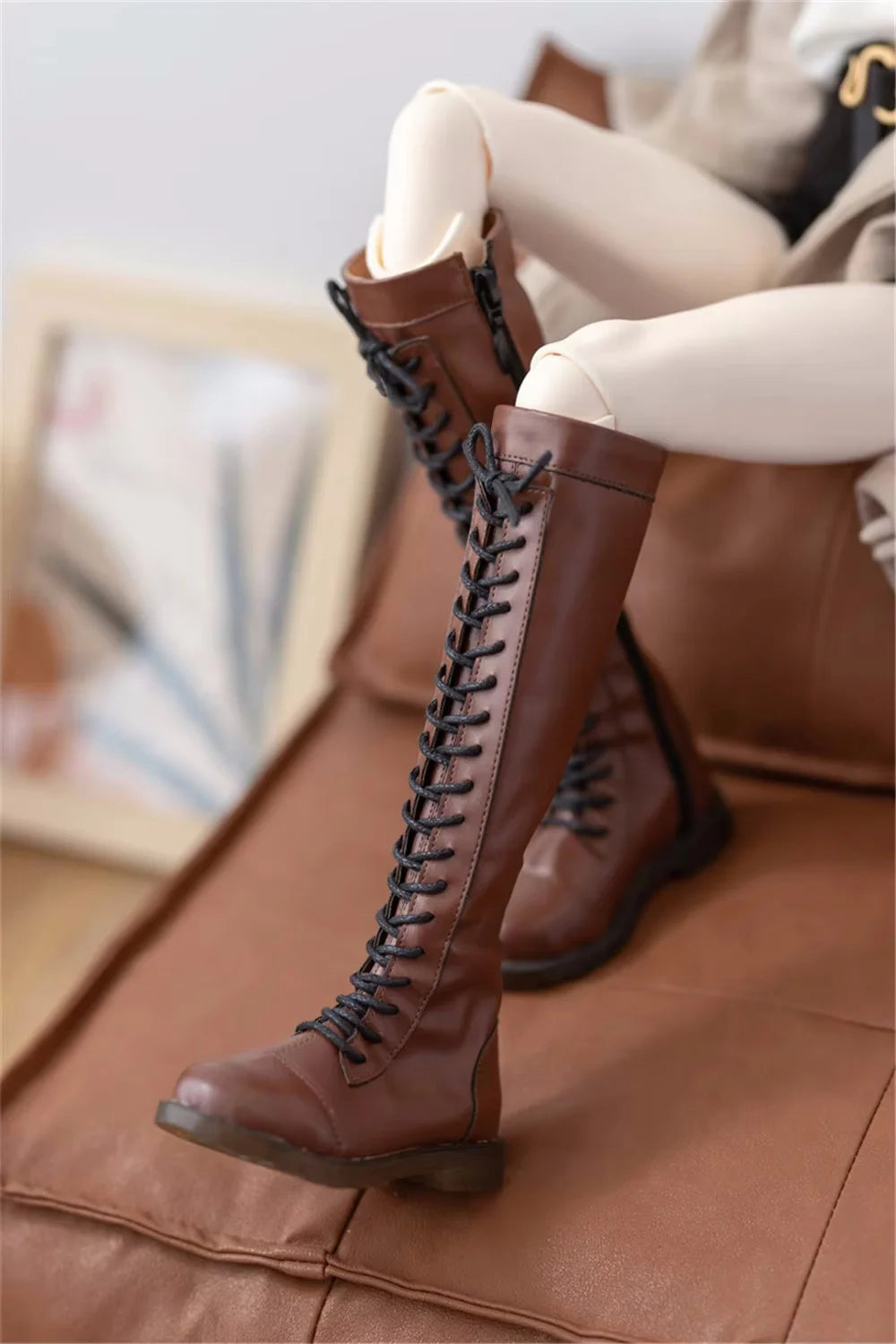 BJD Doll Shoes Brown Round Toe Mid-calf Toy 1/3 1/4 Boys Girls Lace-up Soft-soled Thigh-high Leather Boots Gift Doll Accessories
