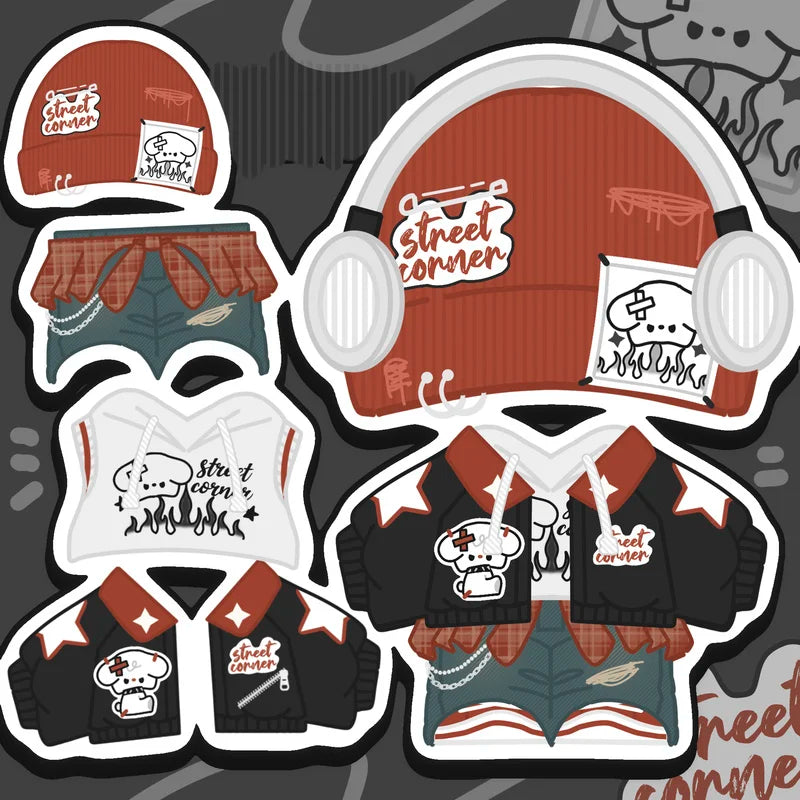 Only Clothes 20cm Doll Clothes Cool Guy Red Hat Hooded Vest Jacket Earphone Overcoat Suit Stuffed Plushies Plush Doll Toys Gifts