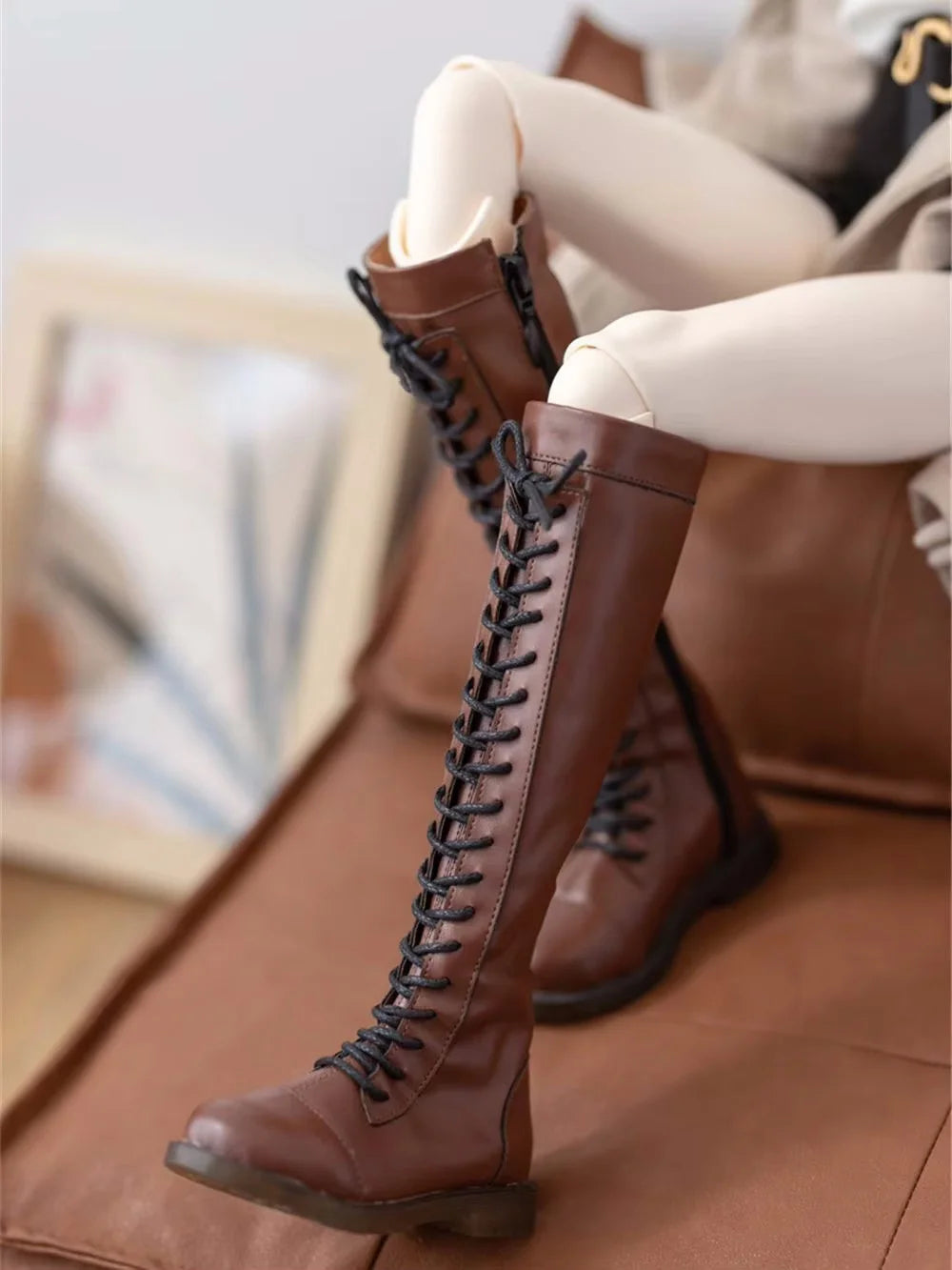 BJD Doll Shoes Brown Round Toe Mid-calf Toy 1/3 1/4 Boys Girls Lace-up Soft-soled Thigh-high Leather Boots Gift Doll Accessories