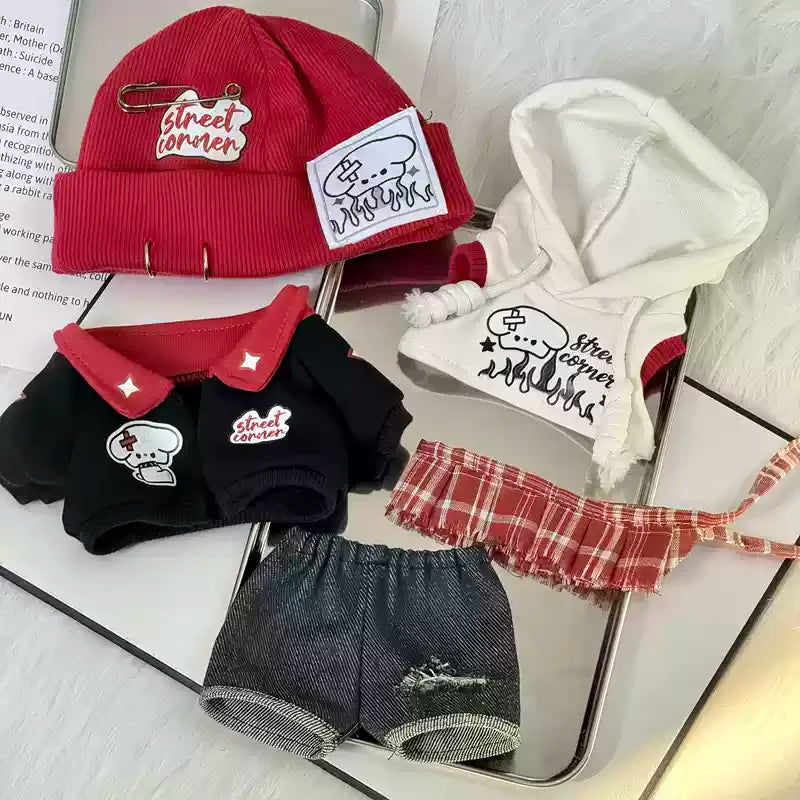 Only Clothes 20cm Doll Clothes Cool Guy Red Hat Hooded Vest Jacket Earphone Overcoat Suit Stuffed Plushies Plush Doll Toys Gifts