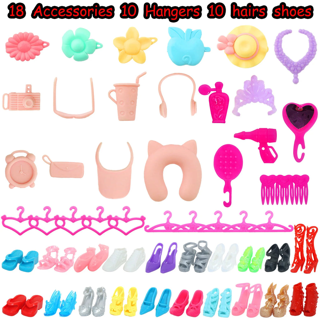 50 Pcs/Set Handmade Doll Clothes for 11.5'' Doll 2 Evening Gown Bikinis 3 Outfit 2 Mini Dress 10 Hangers 31 Accessories Kids Toy